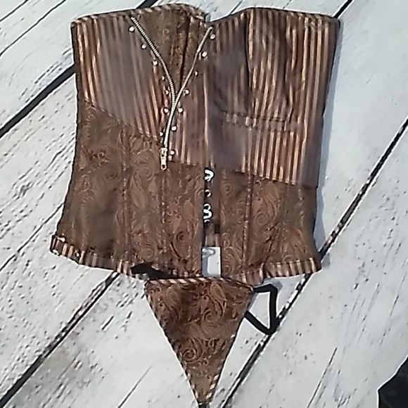 Steampunk Retro Brocade Victorian striped Corset Golden Brown - Picture 15 of 16